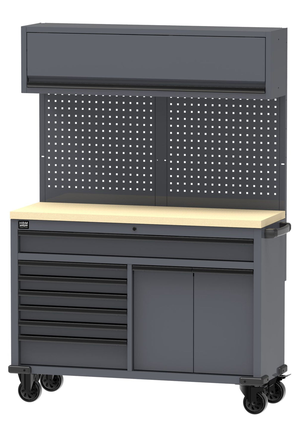 Mesa de trabajo móvil HBM 136 cm con 7 cajones y armario superior, gris nuevo — Nuevo