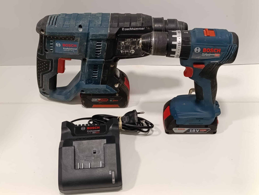 KIT TALADRO BOSCH GBH 18V-21 + TALADRO ATORNILLADOR GSB 18V-45 + 2 BATERIAS + CARGADOR de segunda mano · Taladros — Como nuevo