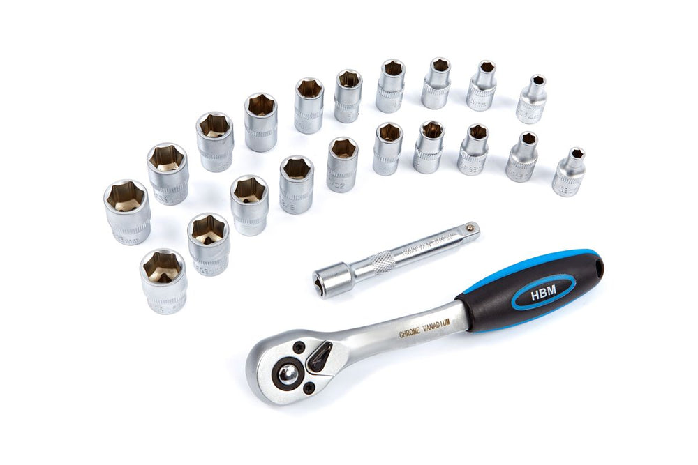 Ratchet profesional HBM de 1/4 pulgadas incluye 20 casquillos y extensión nuevo — Nuevo