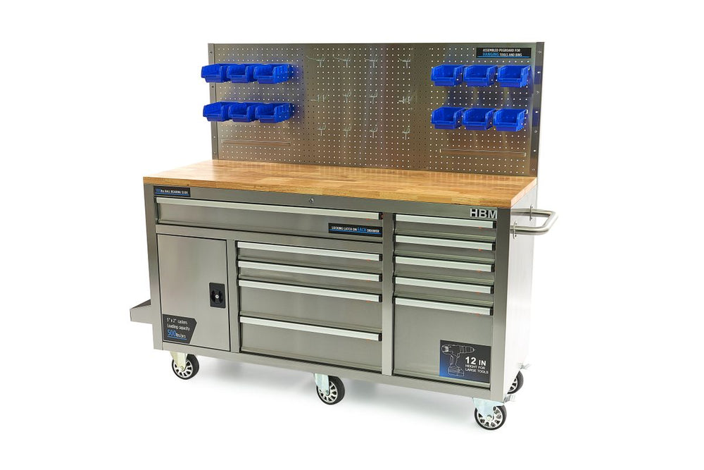 Banco de trabajo HBM de 158 cm con 10 cajones y puerta trasera - acero inoxidable nuevo — Nuevo