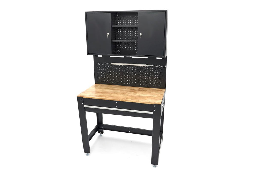 HBM 115 cm. Banco de trabajo con superficie de madera, respaldo con estantería, iluminación Led, enchufe e nuevo — Nuevo