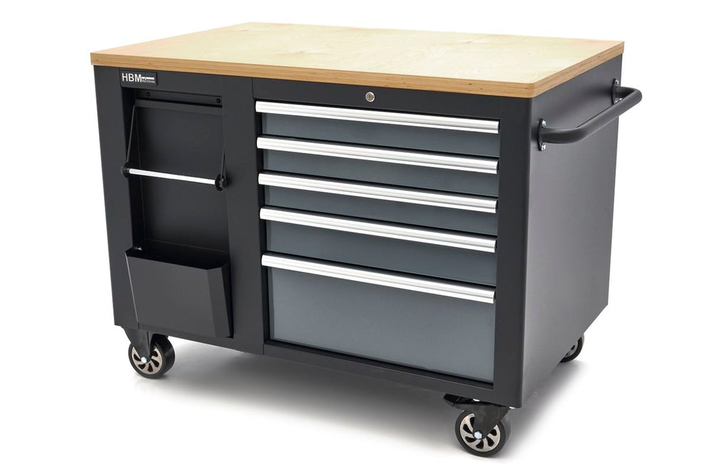 Carro de herramientas móvil HBM, banco de trabajo de 114 cm con tablero de trabajo de madera, negro/gris nuevo — Nuevo