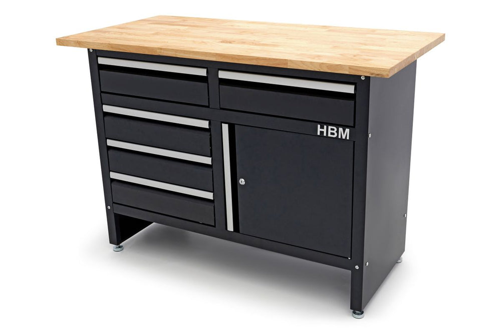 Banco de Trabajo HBM 120 cm con 5 Cajones 1 Puerta y Superficie de Trabajo de Madera Maciza nuevo — Nuevo