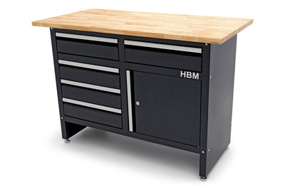Banco de Trabajo HBM 120 cm con 5 Cajones 1 Puerta y Superficie de Trabajo de Madera Maciza nuevo — Nuevo
