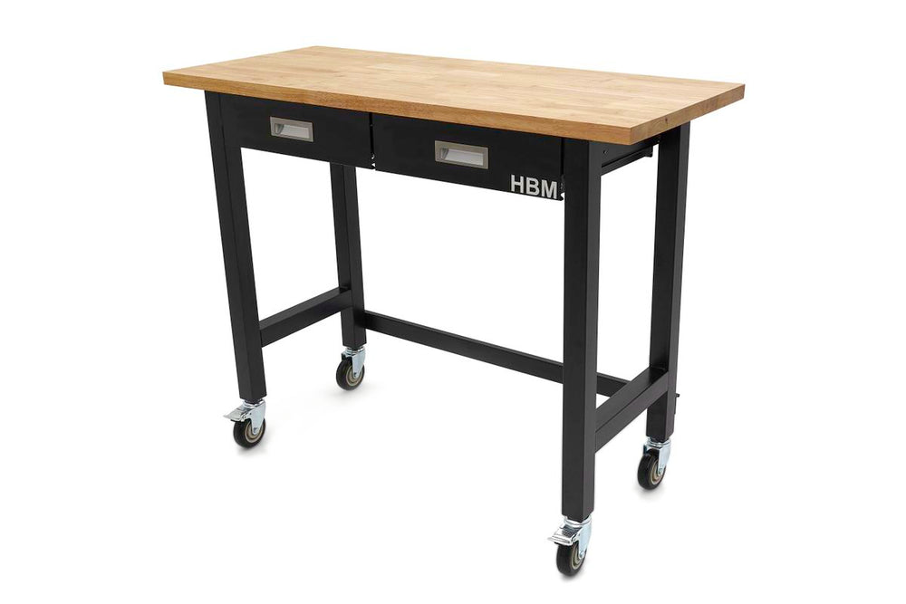 Banco de Trabajo Profesional HBM de 122 cm. Móvil con 2 cajones y superficie de trabajo de madera maciza nuevo — Nuevo