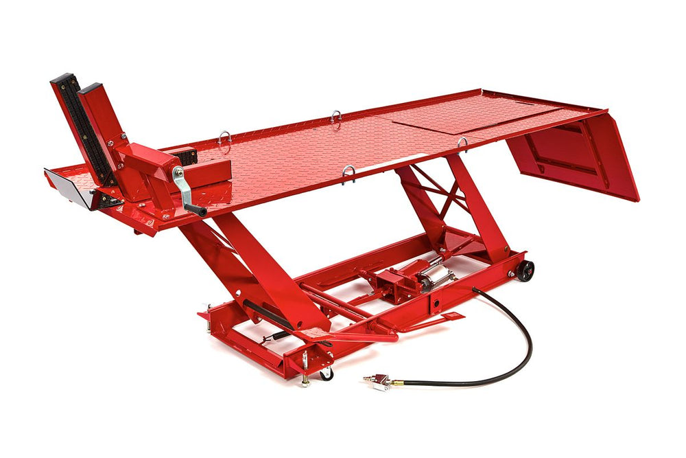 Mesa elevadora HBM 450 kg Hidráulica y Neumática Con Abrazadera de Rueda Delantera de Lujo, Rojo nuevo — Nuevo