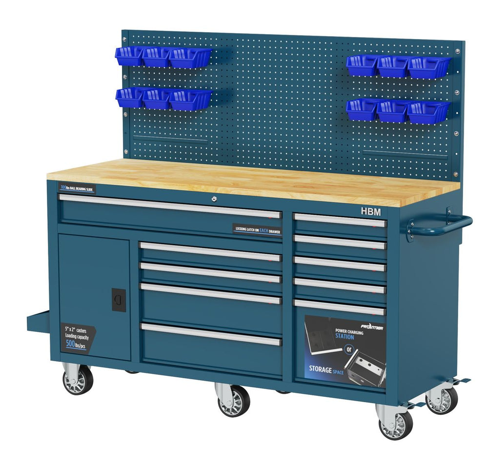 HBM 158 cm 10 Cajones Banco de Trabajo con Puerta y Panel Posterior – Azul nuevo — Nuevo