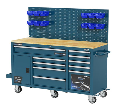 HBM 158 cm 10 Cajones Banco de Trabajo con Puerta y Panel Posterior – Azul nuevo — Nuevo