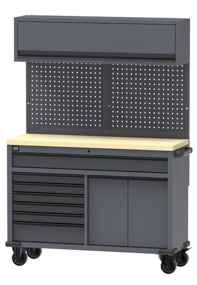 Mesa de trabajo móvil HBM 136 cm con 7 cajones y armario superior, gris nuevo — Nuevo