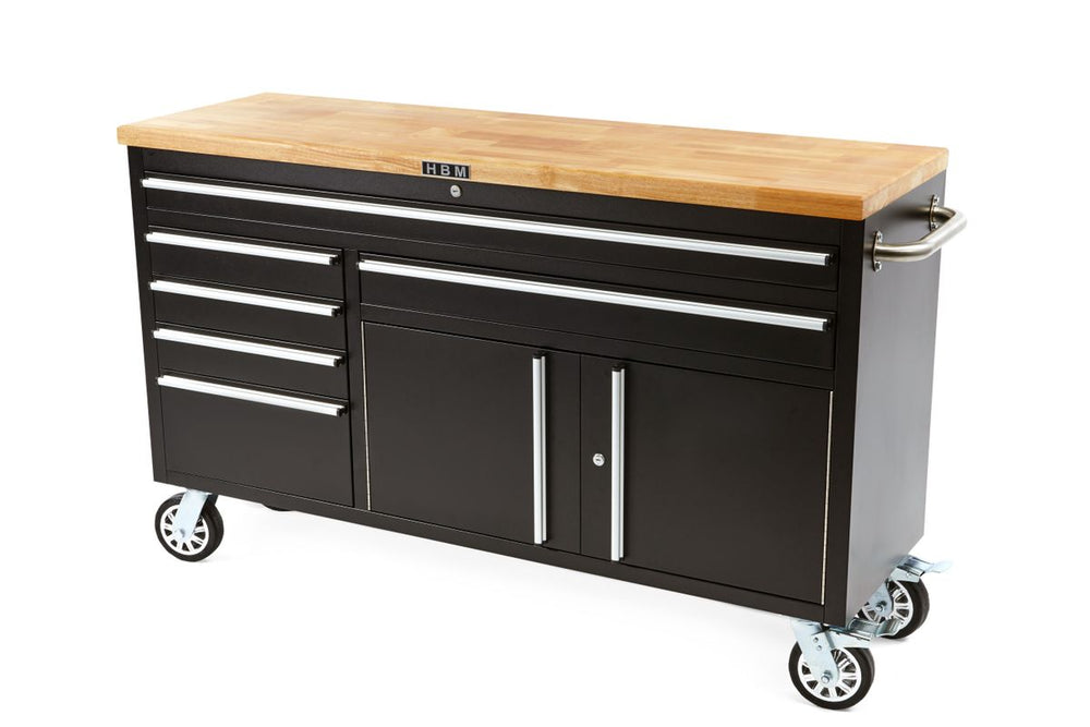HBM 152 cm Carro de herramientas profesional / banco de trabajo con tapa de madera - Negro nuevo — Nuevo