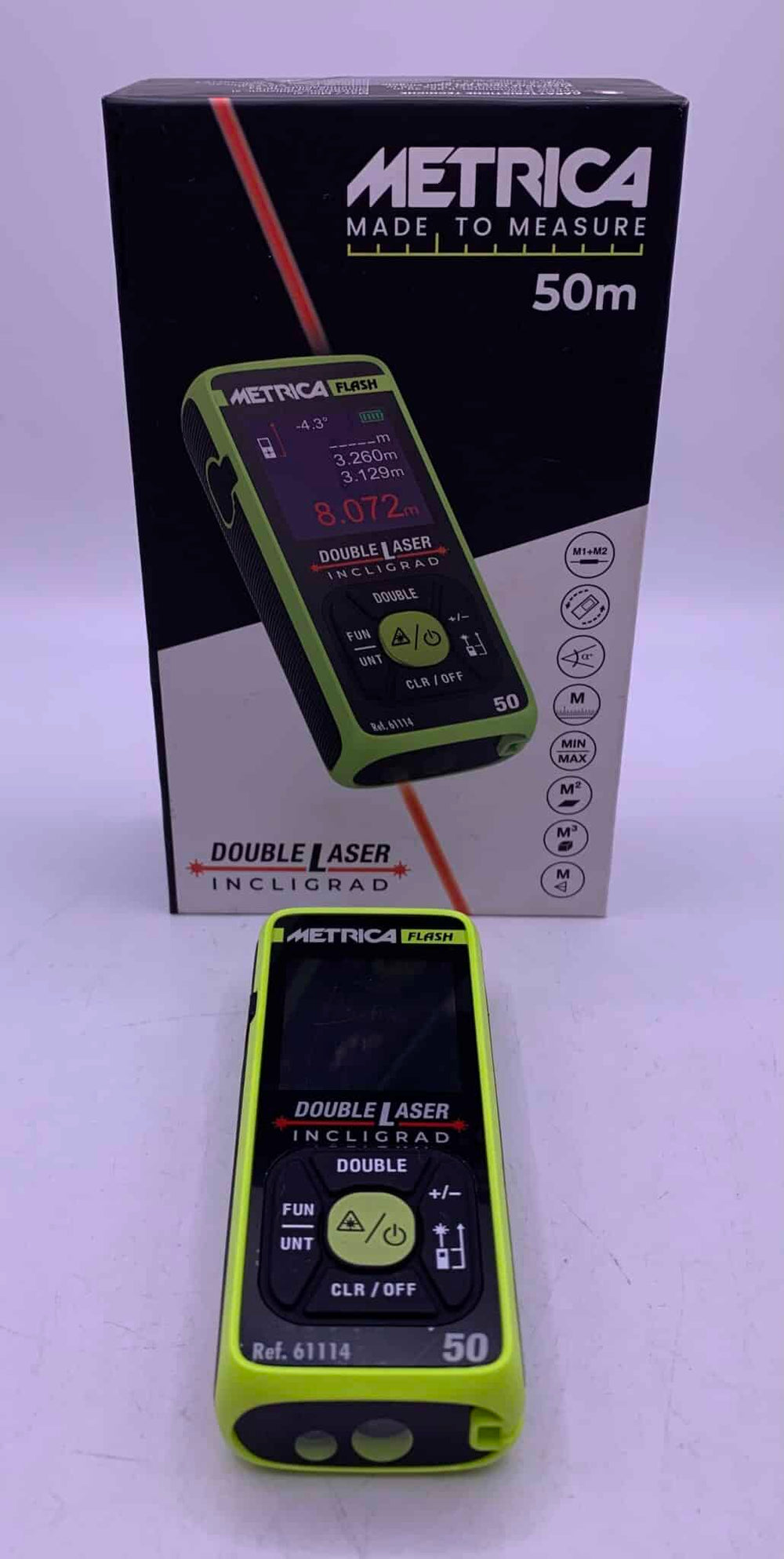 MEDIDOR LASER METRICA DOUBLE LASER 50M+CAJA Y FUNDA de segunda mano · Medición — Como nuevo