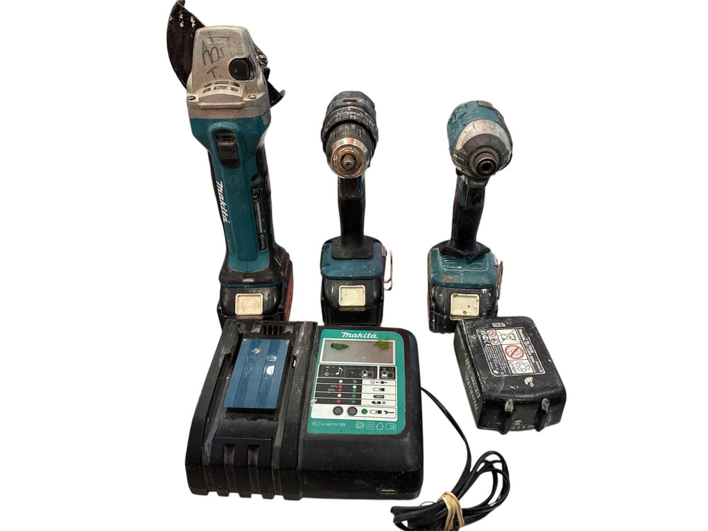 KIT MAKITA AMOLADORA DGA452 + TALADRO DHP 482 + ATORNILLADOR DE IMPACTO DTD171 + 4 BAT + CARG + MALETIN de segunda mano · Taladros — Bueno