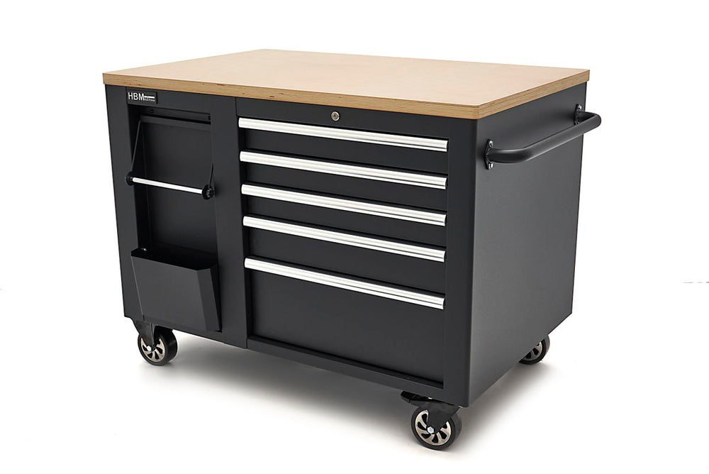 Carro de herramientas móvil HBM, banco de trabajo de 114 cm con superficie de trabajo de madera, negro nuevo — Nuevo
