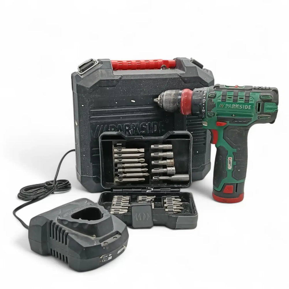 ATORNILLADORA BATERIA PARKSIDE PBSA 12 D2 CON CARGADOR, MALETIN Y ACCESORIOS de segunda mano · Atornilladores — Bueno