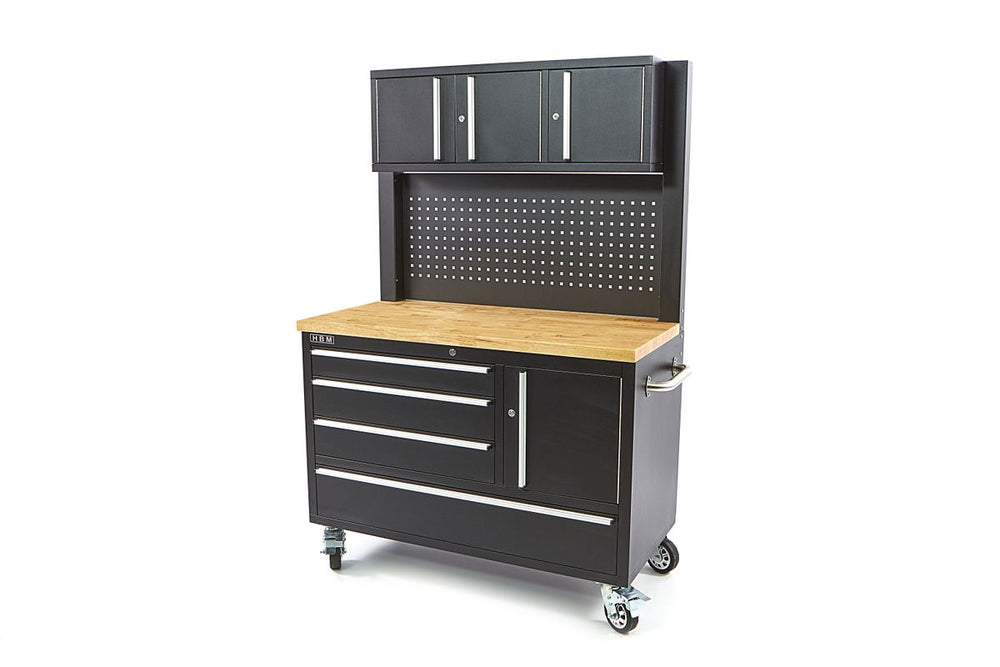 HBM banco de trabajo profesional de 122 cm con pared de armarios y superficie de madera - Negro nuevo — Nuevo