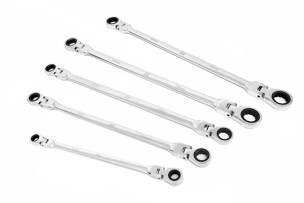 HBM Set Profesional de Llaves de Boca Extra Largas de 5 Piezas con Función de Trinquete y Cabezas Pivotantes 8 - 19 mm. nuevo — Nuevo