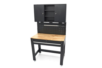 HBM 115 cm. Banco de trabajo con superficie de madera, respaldo con estantería, iluminación Led, enchufe e nuevo — Nuevo