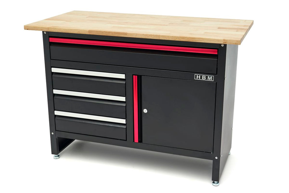 Banco de trabajo HBM de 120 cm con 4 cajones, 1 puerta y superficie de madera en negro nuevo — Nuevo