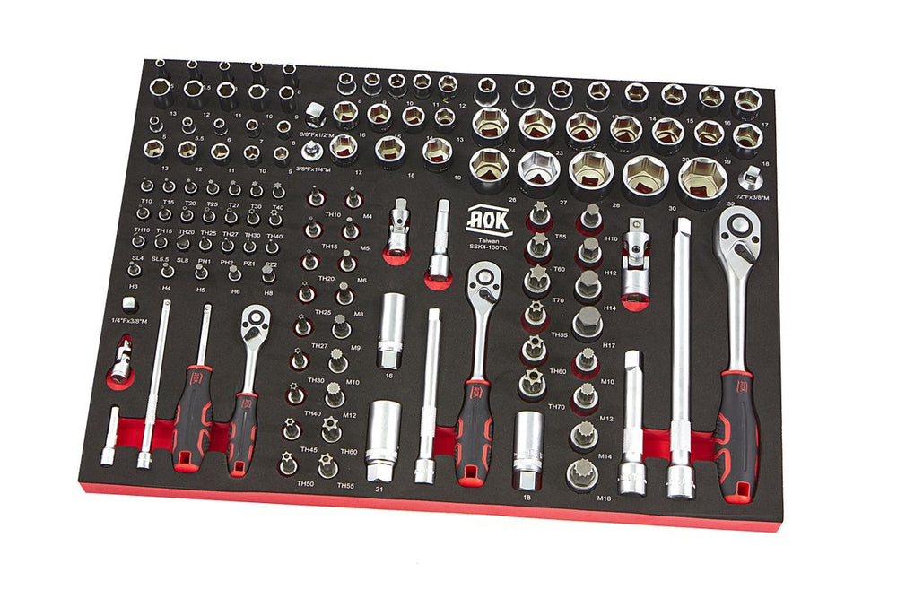 Aok Profesional 130 Piezas 1/4, 3/8, 1/2 pulgadas Juego de Llaves en Foam Inlay nuevo — Nuevo