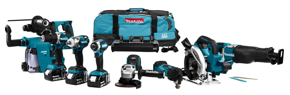 Set combinada de Makita de 18 Voltios para (slag) atornillar, (klop) perforar, amolar, cortar y montar, con herramienta multifuncional nuevo — Nuevo