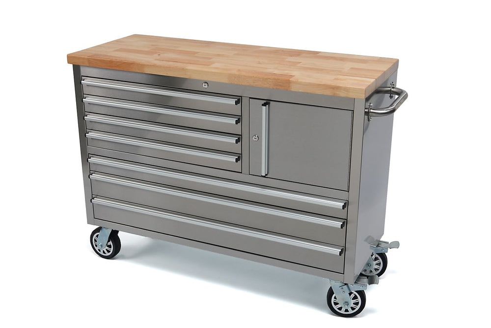 Carro de herramientas HBM, banco de trabajo con superficie de madera de 122 cm, acero inoxidable nuevo — Nuevo