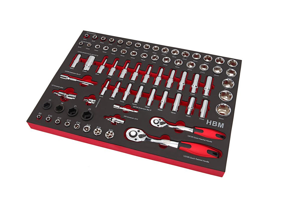 HBM Profesional de 74 piezas 3/8, 1/2 pulgadas Juego de empaques con inserto de espuma nuevo — Nuevo