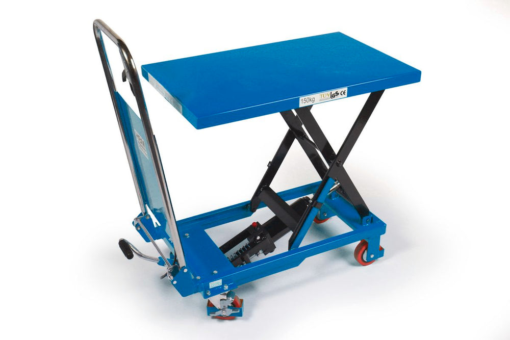 Mesa de trabajo móvil HBM, mesa elevadora de 150 kg, azul nuevo — Nuevo