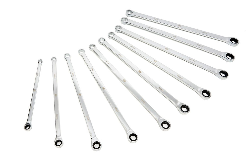 Set de llaves de anillo extra largas HBM de 10 piezas profesionales con cabeza fija y función de trinquete de 8 - 19 mm nuevo — Nuevo