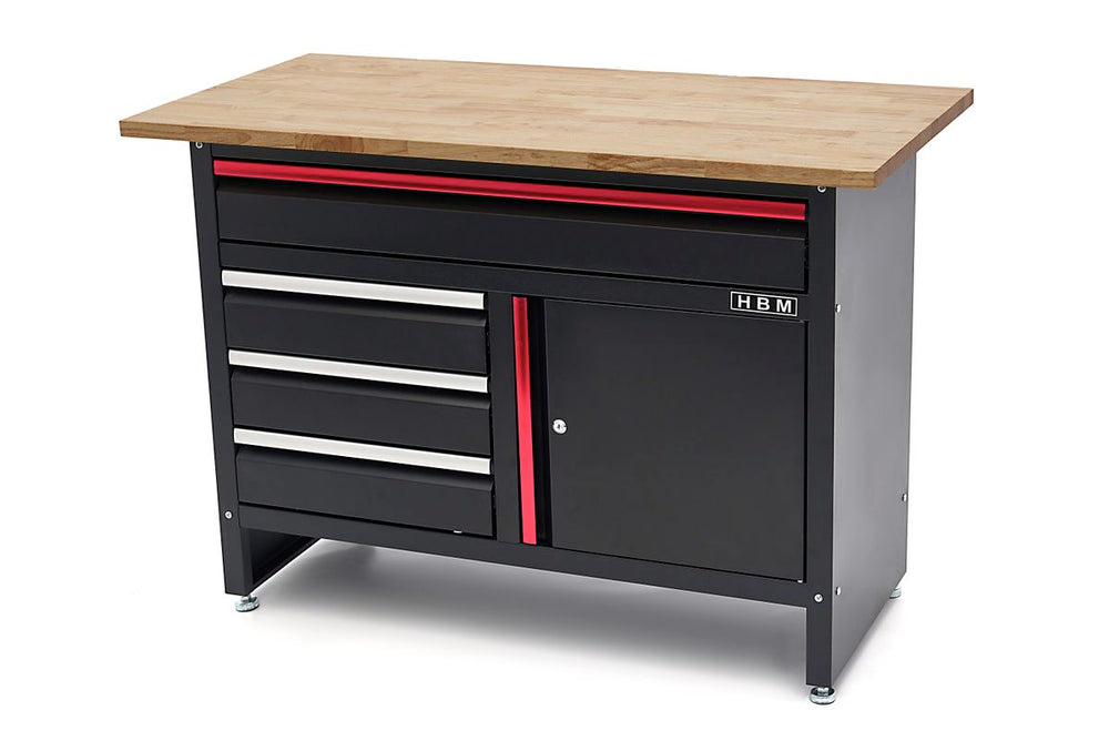 Banco de trabajo HBM de 120 cm con 4 cajones, 1 puerta y tablero de madera - Negro nuevo — Nuevo