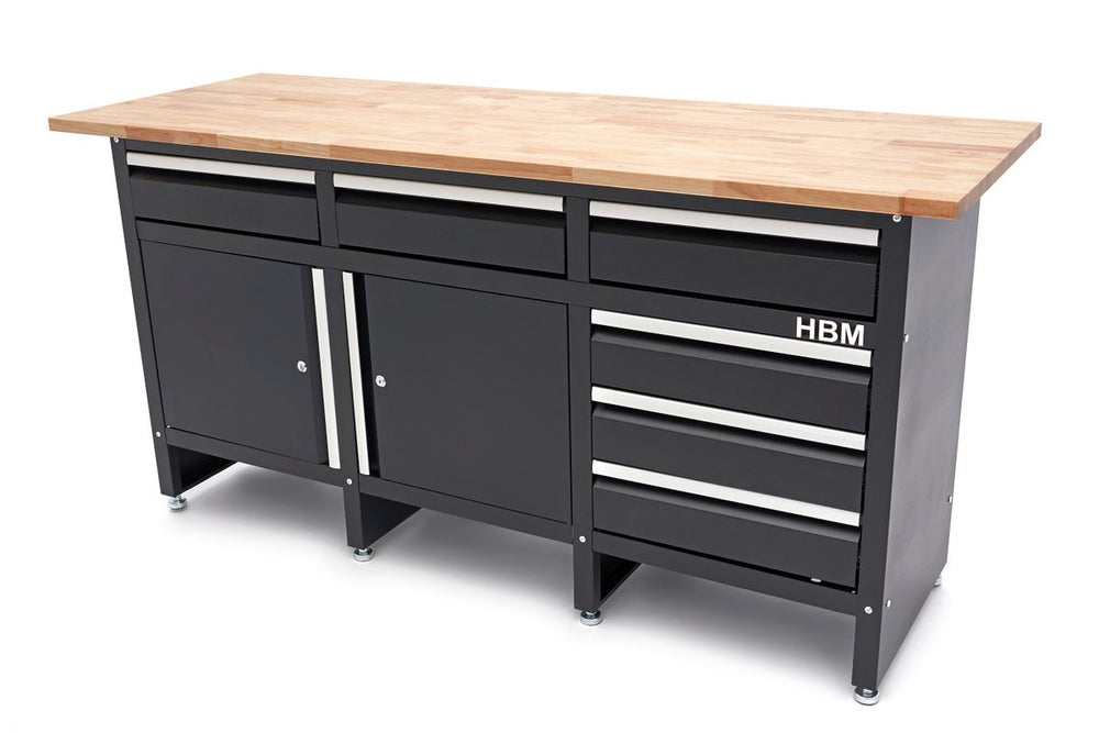 Banco de trabajo HBM de 171 cm con 6 cajones, 2 puertas y superficie de trabajo de madera maciza nuevo — Nuevo
