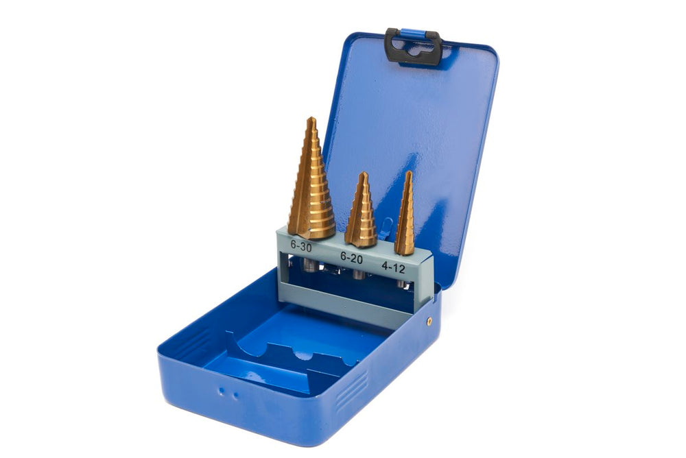 Conjunto de brocas escalonadas Hss de 3 piezas recubiertas de Tin / Conjunto de brocas de escalón nuevo — Nuevo