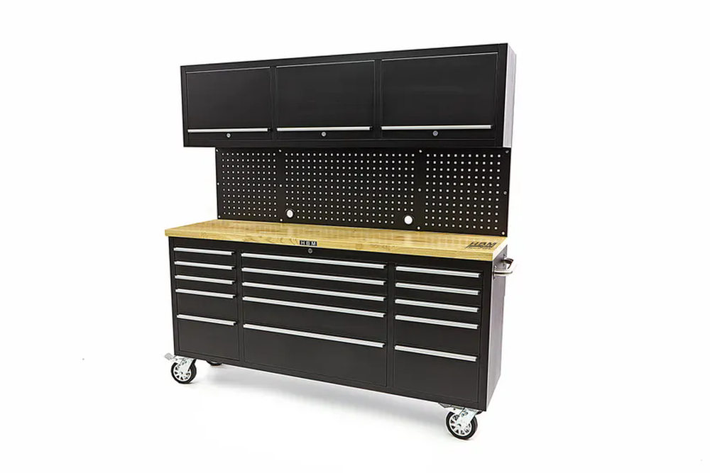 Mesa de Trabajo HBM de 182 cm con Pared de Armarios y Superficie de Madera Negra nuevo — Nuevo