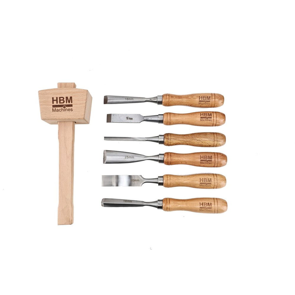 HBM juego de cinceles, juego de formones, mazo de madera, 220 mm 7 piezas nuevo — Nuevo