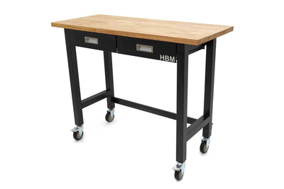 Banco de Trabajo Profesional HBM de 122 cm. Móvil con 2 cajones y superficie de trabajo de madera maciza nuevo — Nuevo